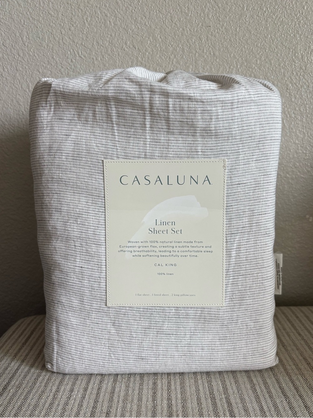 NWT California King 100% Linen Sheet Set Dark Gray Micro Stripe - Casaluna